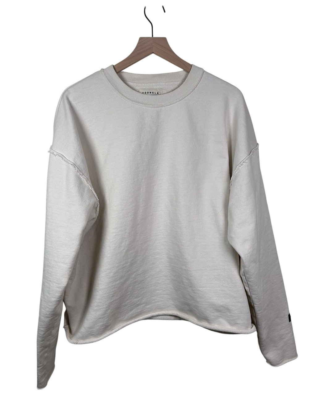 YOUNGLA Crewneck Sweatshirt Oatmeal Cream Drop Shoulder Large Raw Hem Logo Patch